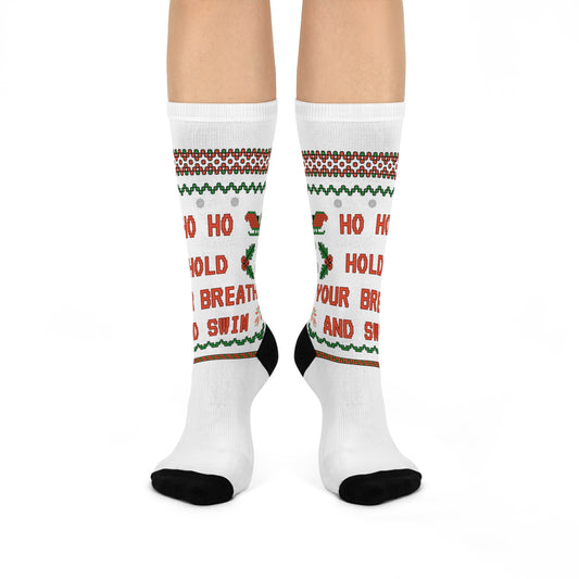 Ho Ho Hold Your Breath and Swim: White Cushioned Crew Socks