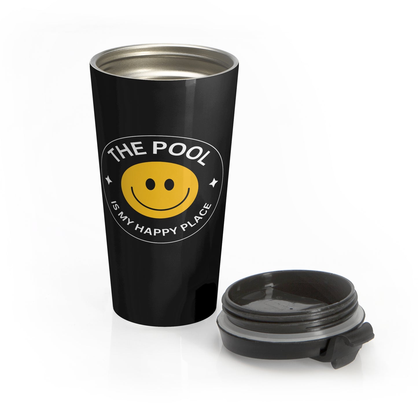 Pool Happy Place: Black Stainless Steel Travel Mug