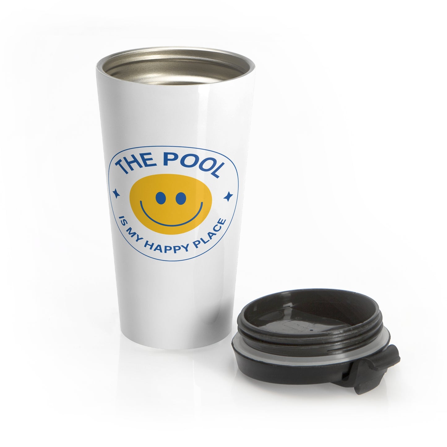 Pool Happy Place: White Stainless Steel Travel Mug